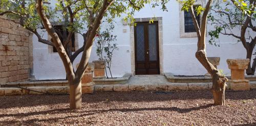 a white house with a black door and two trees at Masseria Don Sante in Fasano