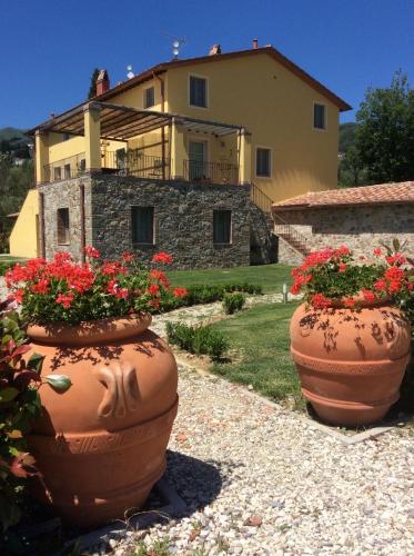 two large flower pots in front of a house at Casa Lucchese al Borghetto in Collodi