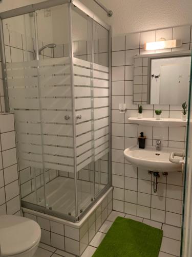 bagno con doccia in vetro e lavandino di CityApartment Platinum-Zentrum mit Parkplatz a Bielefeld