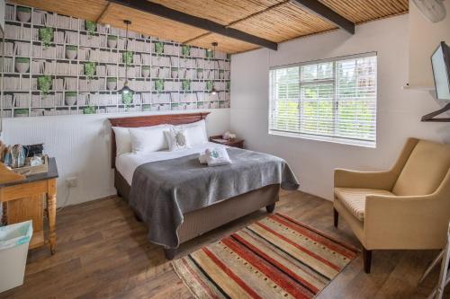 um quarto com uma cama e uma cadeira em The Vineyard Country House em Montagu