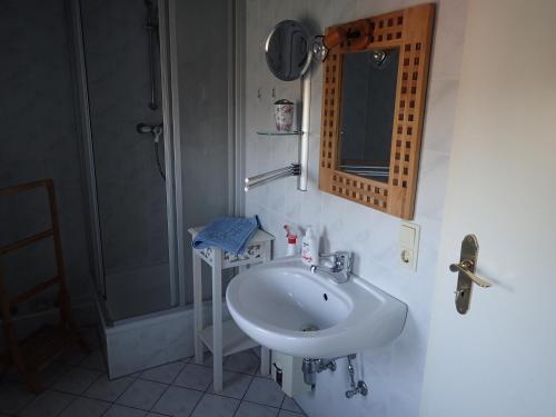 a bathroom with a white sink and a shower at Gemütliche Ferienwohnung in hirschreicher Umgebung 