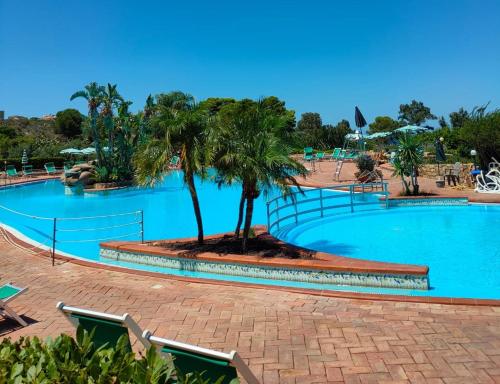 a large swimming pool with a palm tree in the middle at Rais Gerbi Appartamento in Pollina