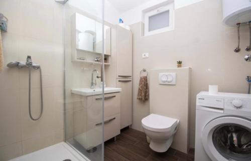 特里班的住宿－Apartman Lusy，浴室配有卫生间水槽和洗衣机。