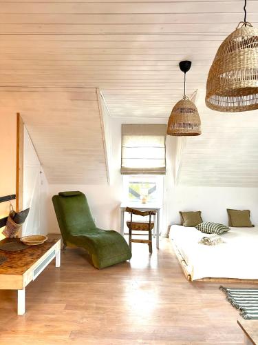 a living room with a green chair and a couch at Domek nad Śniardwami in Suchy Róg