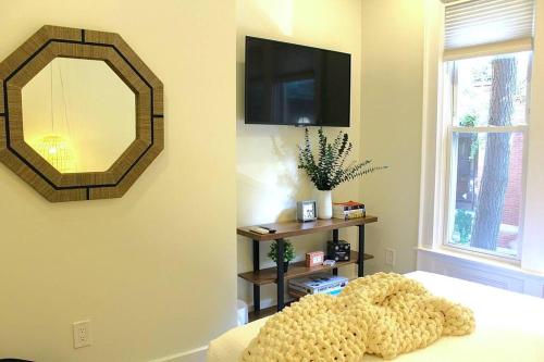 um quarto com um espelho na parede e uma cama em Luxury - Pet Friendly 3bd, 3ba South End Condo em Boston
