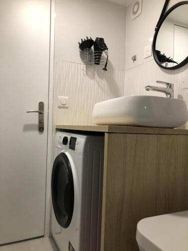 une salle de bain avec un lavabo et une machine à laver dans l'établissement F2 équipé, 15mn de Paris, parking, climatisation, à Bourg-la-Reine
