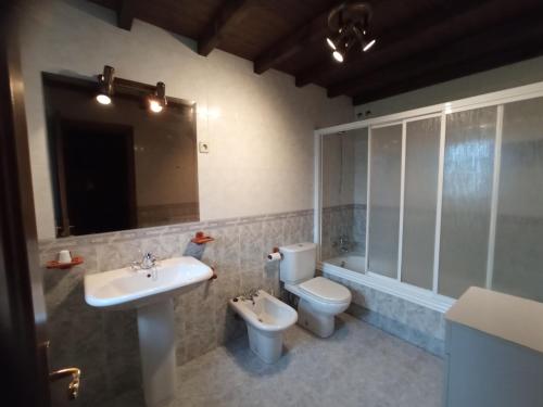 a bathroom with a sink and a toilet and a mirror at Galicia in Forcarei