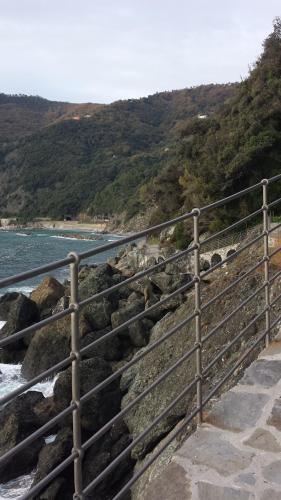 a metal railing next to the water with a beach at Sostio a Levante in Framura