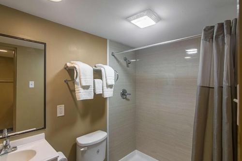 a bathroom with a shower and a toilet and a sink at LoneStar Inn and Suites in Sherman