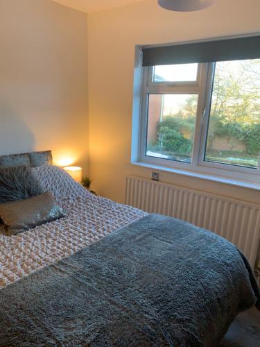 a bedroom with a bed and two windows at BYRON SQUARE COTTAGE in Hucknall