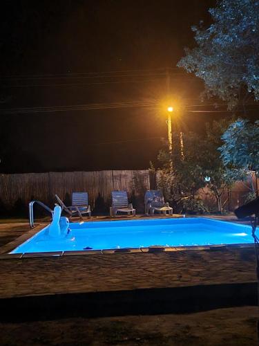 a swimming pool in a yard at night at Village Story kuća za odmor Plavna in Plavna