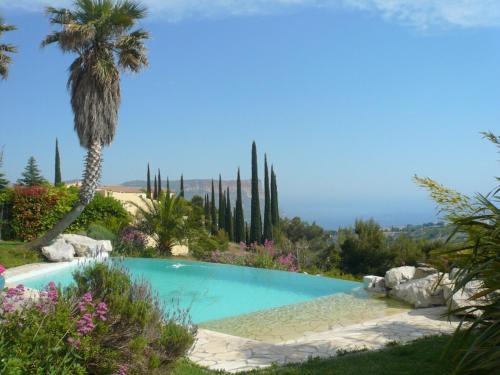 une piscine dans un jardin avec un palmier dans l'établissement Pavillon Cassis, à Cassis
