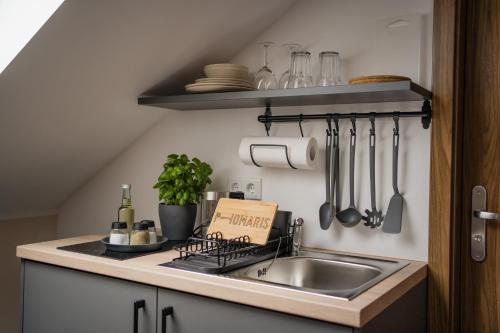 a kitchen with a sink and a counter with utensils at Point Hotel Apartments and Rooms in Dresden