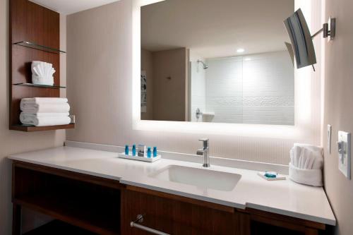 a bathroom with a sink and a large mirror at Delta Hotels by Marriott Basking Ridge in Basking Ridge