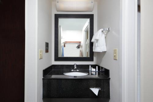 baño con lavabo negro y espejo en Fairfield Inn & Suites by Marriott Charlottesville North, en Charlottesville