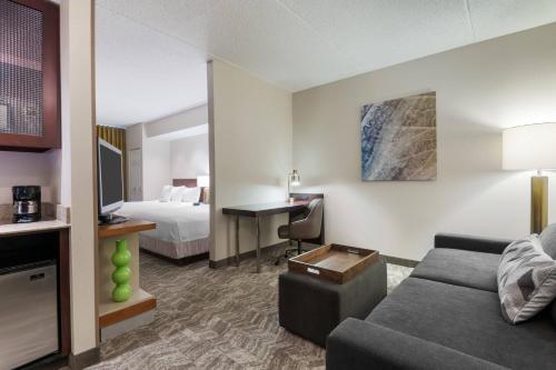 Habitación de hotel con sofá y cama en SpringHill Suites by Marriott Cleveland Solon, en Solon