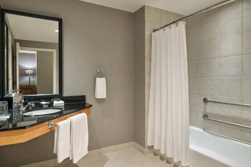 a bathroom with a shower and a sink and a tub at Renaissance Chicago O'Hare Suites Hotel in Rosemont