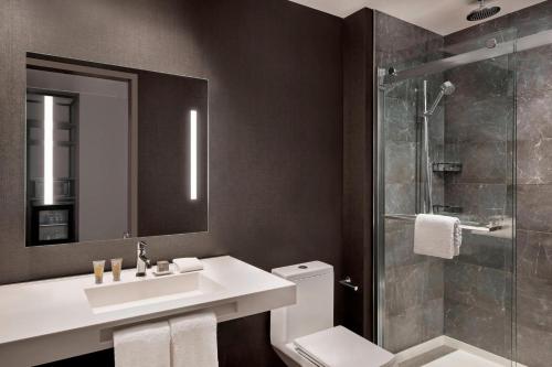 uma casa de banho com um WC, um lavatório e um chuveiro em AC Hotel by Marriott Gainesville Downtown em Gainesville