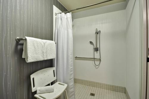 a bathroom with a shower with a toilet and a sink at Courtyard Dallas Medical Market Center in Dallas