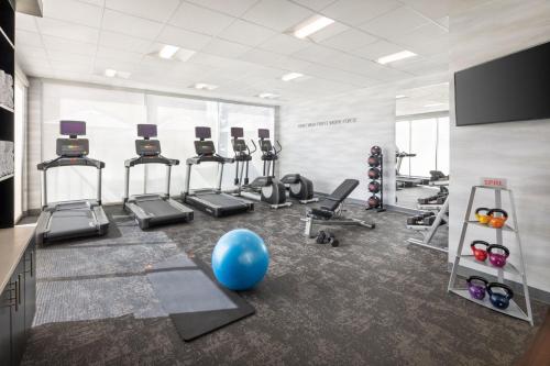 a gym with cardio equipment and a blue ball at Fairfield Inn & Suites by Marriott Fresno North/Shaw Avenue in Fresno