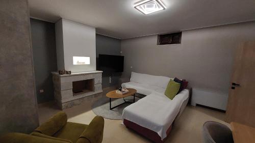 - un salon avec un canapé et une cheminée dans l'établissement Villa Lina Salamina, à Ambelákia