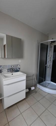 une salle de bain blanche avec une douche et un lavabo dans l'établissement Gîte à la ferme le vivier, à Lottinghen