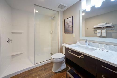 a bathroom with a shower and a toilet and a sink at TownePlace Suites by Marriott Jackson in Jackson