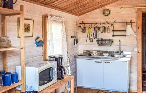 a kitchen with a microwave and a tv in a cabin at 2 Bedroom Amazing Home In Söderköping in Söderköping