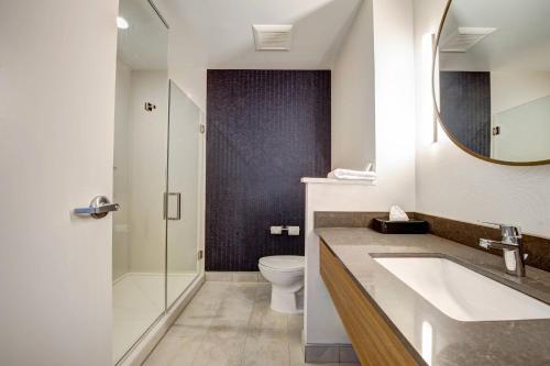 a bathroom with a sink and a toilet and a mirror at Fairfield Inn & Suites Minneapolis North in Brooklyn Center