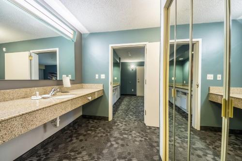 Baño con 2 lavabos y espejo en Courtyard Dallas DFW Airport South/Irving, en Irving