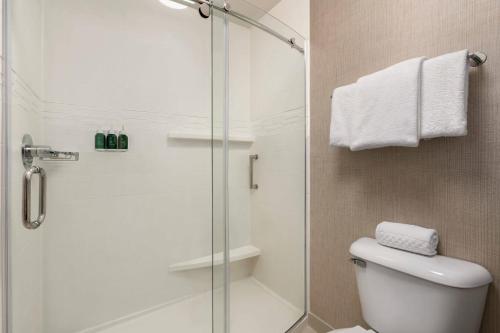 a bathroom with a glass shower with a toilet at Residence Inn Atlanta Duluth Gwinnett Place in Duluth