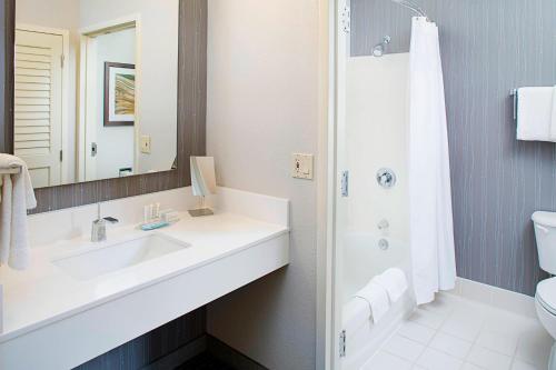 W łazience znajduje się umywalka, toaleta i lustro. w obiekcie Courtyard Dallas Addison Quorum Drive w mieście Addison