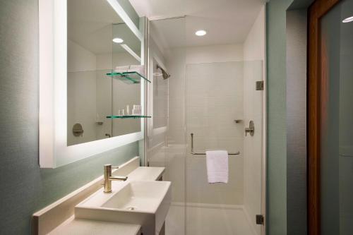 a white bathroom with a sink and a shower at SpringHill Suites by Marriott Houston Downtown/Convention Center in Houston