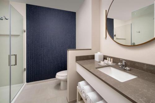 Fairfield Inn & Suites by Marriott New Orleans Metairie في ميتايري: حمام مع حوض ومرحاض ومرآة