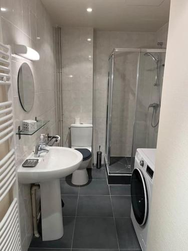 une salle de bain avec un lavabo, une douche et des toilettes dans l'établissement Les Bains de Trouville, à Trouville-sur-Mer