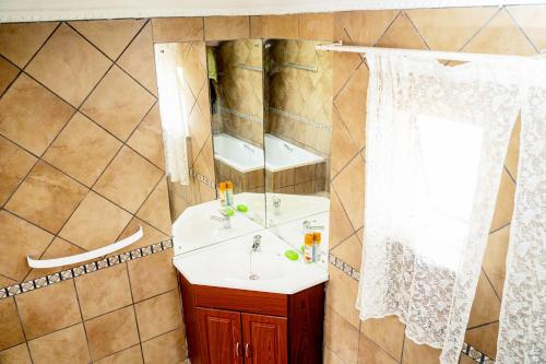 a bathroom with a sink and a mirror at Lancaster Guest House in Boksburg