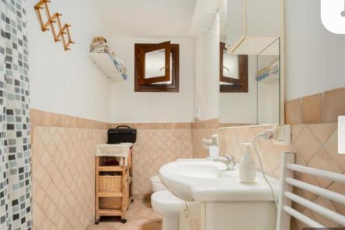 La salle de bains est pourvue d'un lavabo, de toilettes et d'un miroir. dans l'établissement La dolce dimora, à Olbia