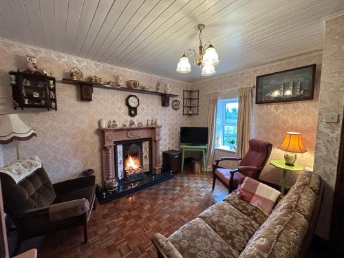 sala de estar con sofá y chimenea en Memory Lane Farmhouse Carlingford, en Lubhaidh