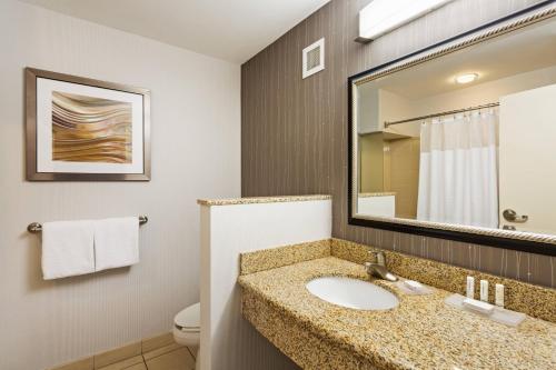 a bathroom with a sink and a mirror at Courtyard by Marriott Knoxville Airport Alcoa in Alcoa