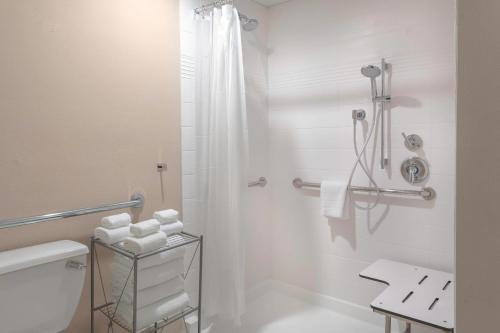 a white bathroom with a shower and a toilet at TownePlace Suites by Marriott San Antonio Westover Hills in San Antonio