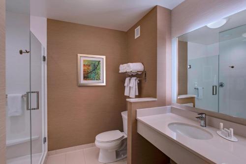 La salle de bains est pourvue d'un lavabo, de toilettes et d'une douche. dans l'établissement Fairfield Inn & Suites by Marriott La Crosse Downtown, à La Crosse