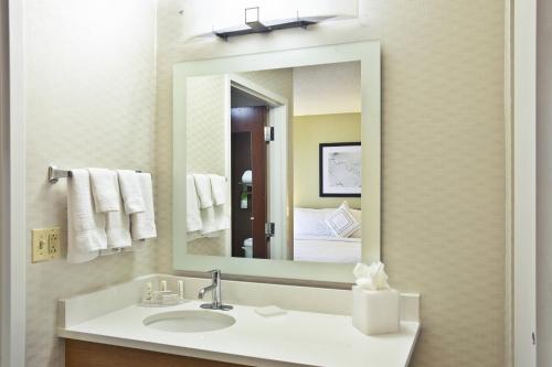 La salle de bains est pourvue d'un lavabo et d'un miroir. dans l'établissement SpringHill Suites by Marriott Chicago Southwest at Burr Ridge Hinsdale, à Burr Ridge