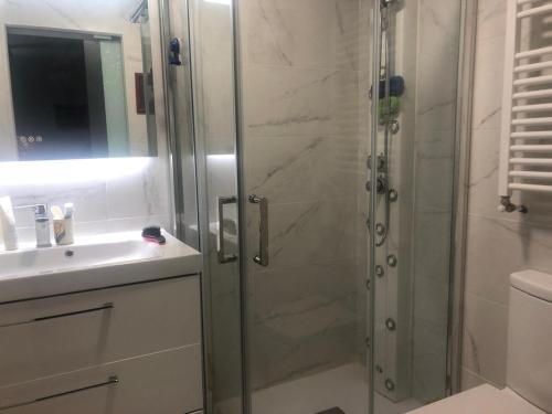 a shower with a glass door next to a sink at Guadarrama, ático nuevo con espectaculares vistas in Guadarrama