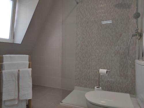 a bathroom with a toilet and a shower with towels at Aveiro Ria House E in Aveiro