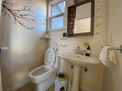 a bathroom with a toilet and a sink and a mirror at Cozy Dunbar 3 Beds Home w/ Views in Vancouver