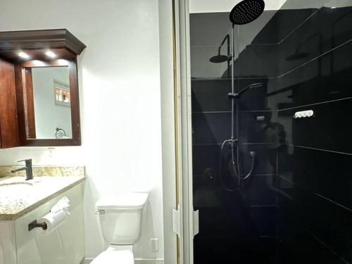 a bathroom with a shower and a toilet and a sink at Escape from stress & noise! in Roatan