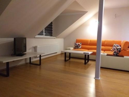 APARTAMENT NA DOBY - LUBIN في لوبين: غرفة معيشة مع أريكة برتقالية وتلفزيون