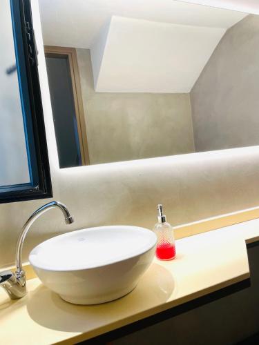 Un baño con un lavabo blanco y un espejo. en Casa Champagnat, en Mendoza