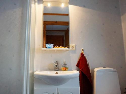 y baño con lavabo, espejo y aseo. en Holiday home Grebbestad X, en Grebbestad