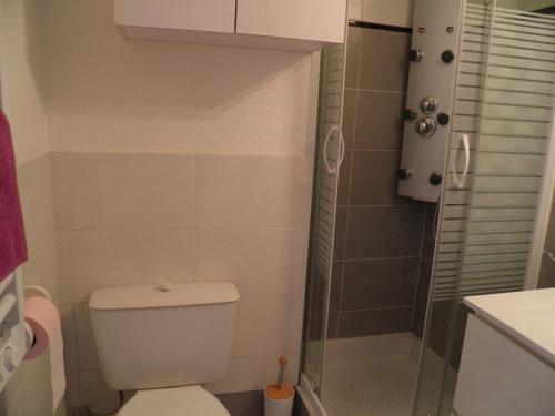une petite salle de bain avec toilettes et douche dans l'établissement Studio moderne avec mezzanine et parking proche plage - FR-1-338-314, à Sète